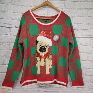 33 Degrees sz XL Ugly Christmas Sweater Pug Dog 3D Green Sequins Bells Holiday‎